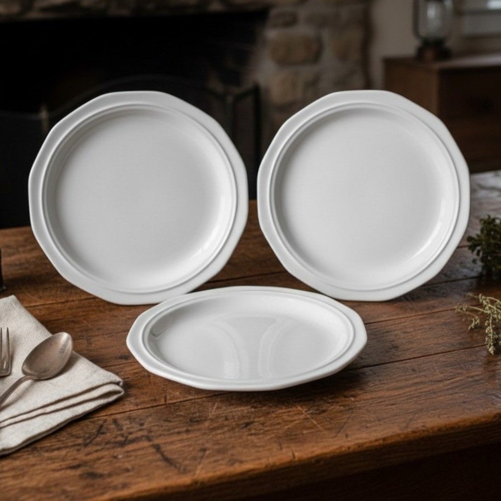 Home Trends HTS23 White Stoneware Salad Plates 10 Sided Set  of 3 *